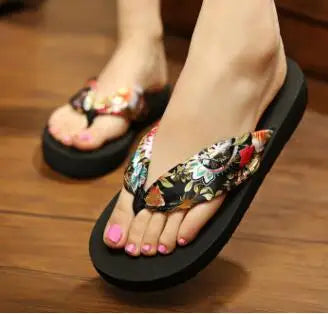 Silk Flower Print Casual Women Slippers Beach Platform Shoes Flip Flops