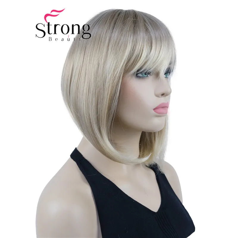 Short Straight Blonde Highlighted Bob With Bangs Synthetic Wig