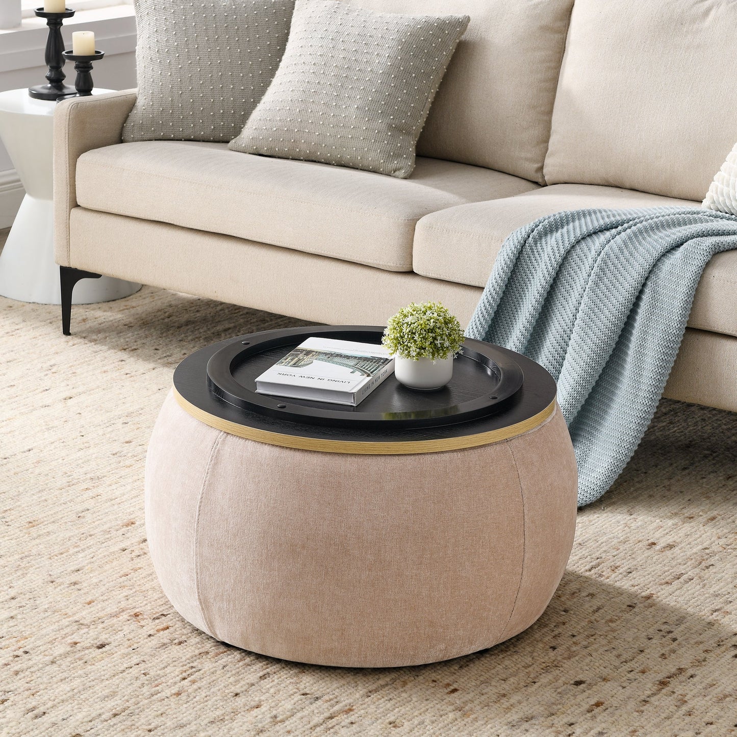 Round Storage Ottoman, 2 in 1 Function, Work as End Table and Ottoman