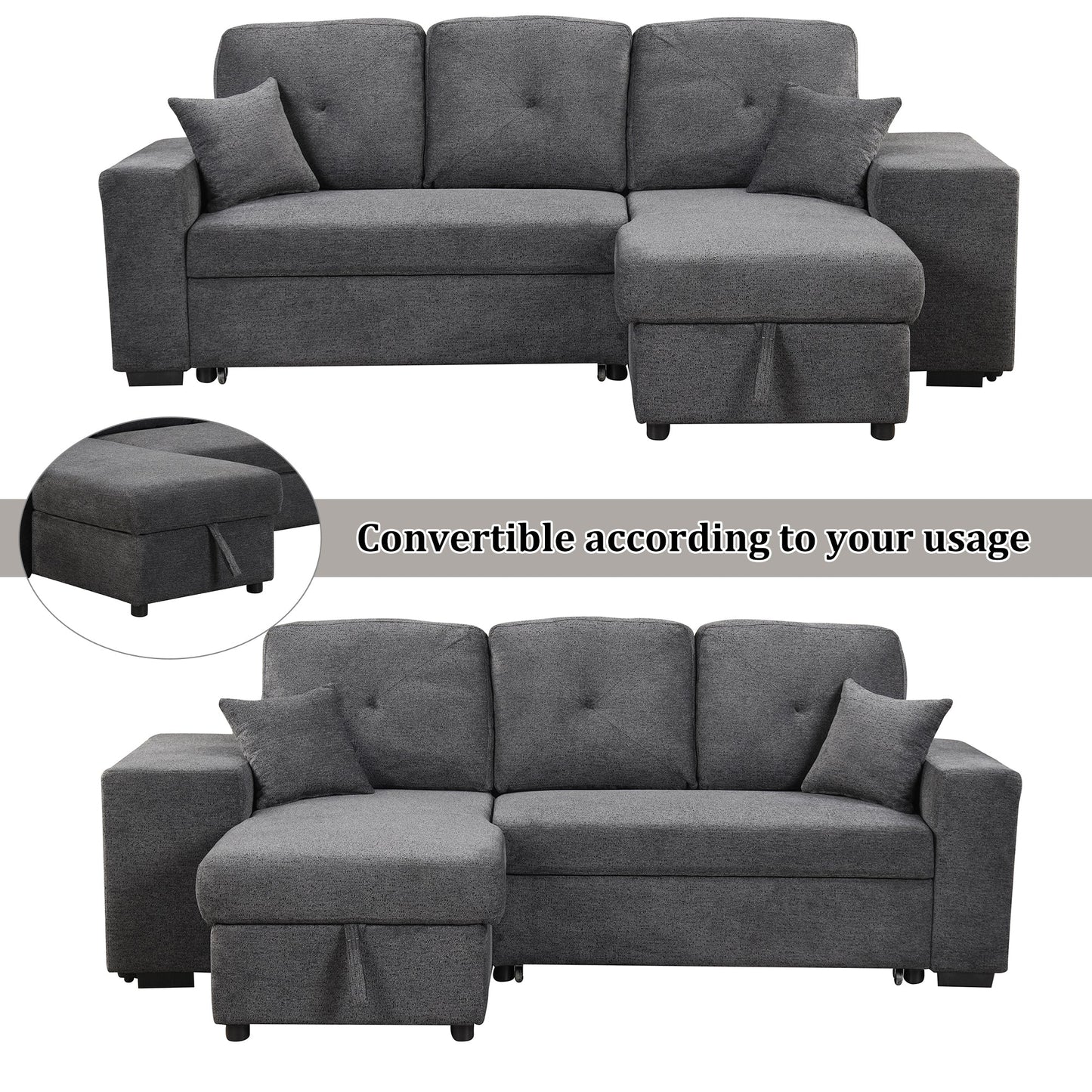 Reversible Sleeper Sectional Sofa Bed With Side Shelf and 2 Stools