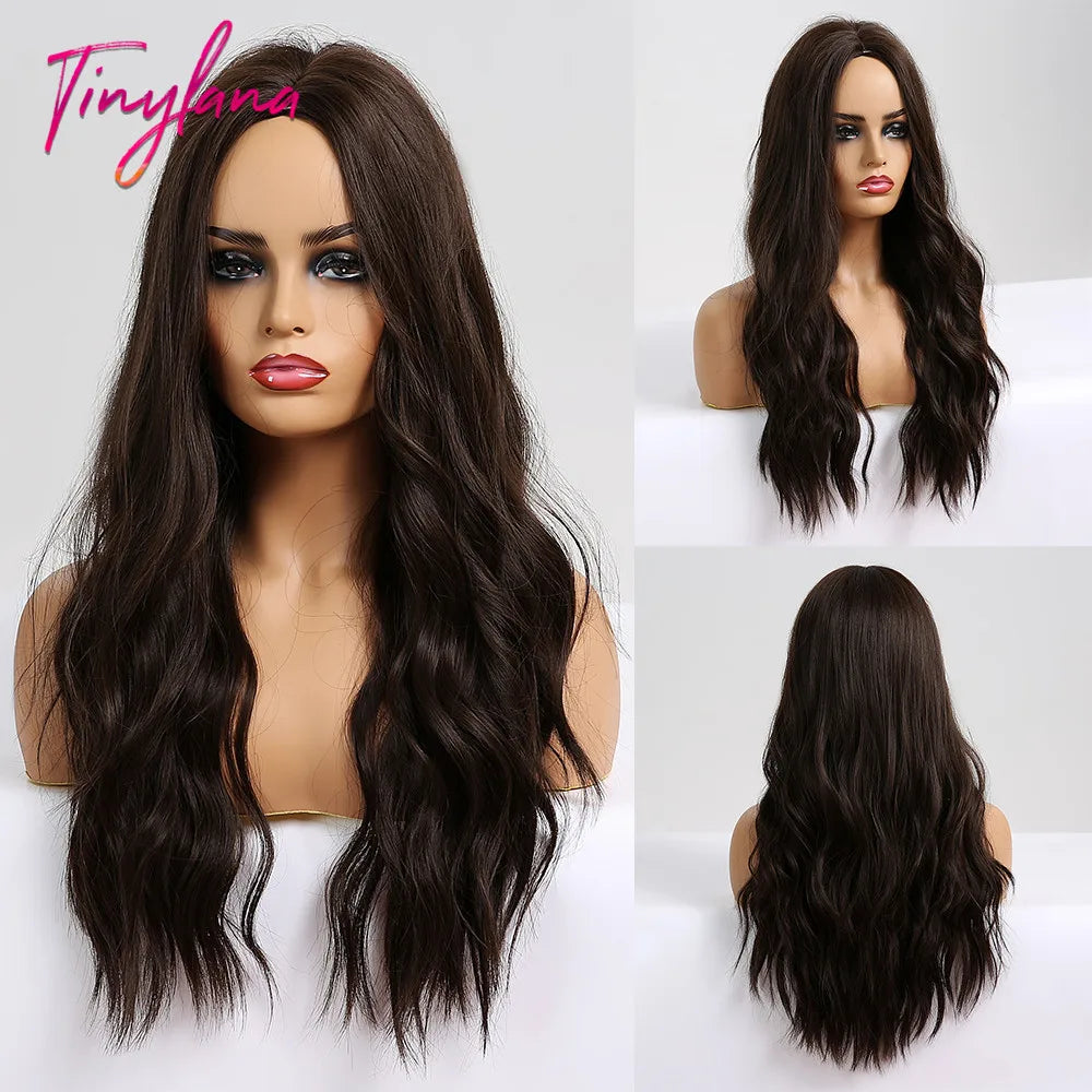 Synthentic Wavy Wigs Brown Blonde Middle Part Wigs With Bangs