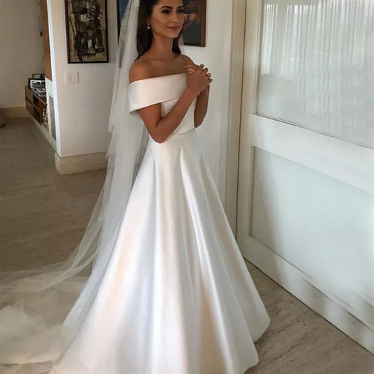 Simple a Line Wedding Dresses Satin Off the Shoulder Wedding Bridal Gowns