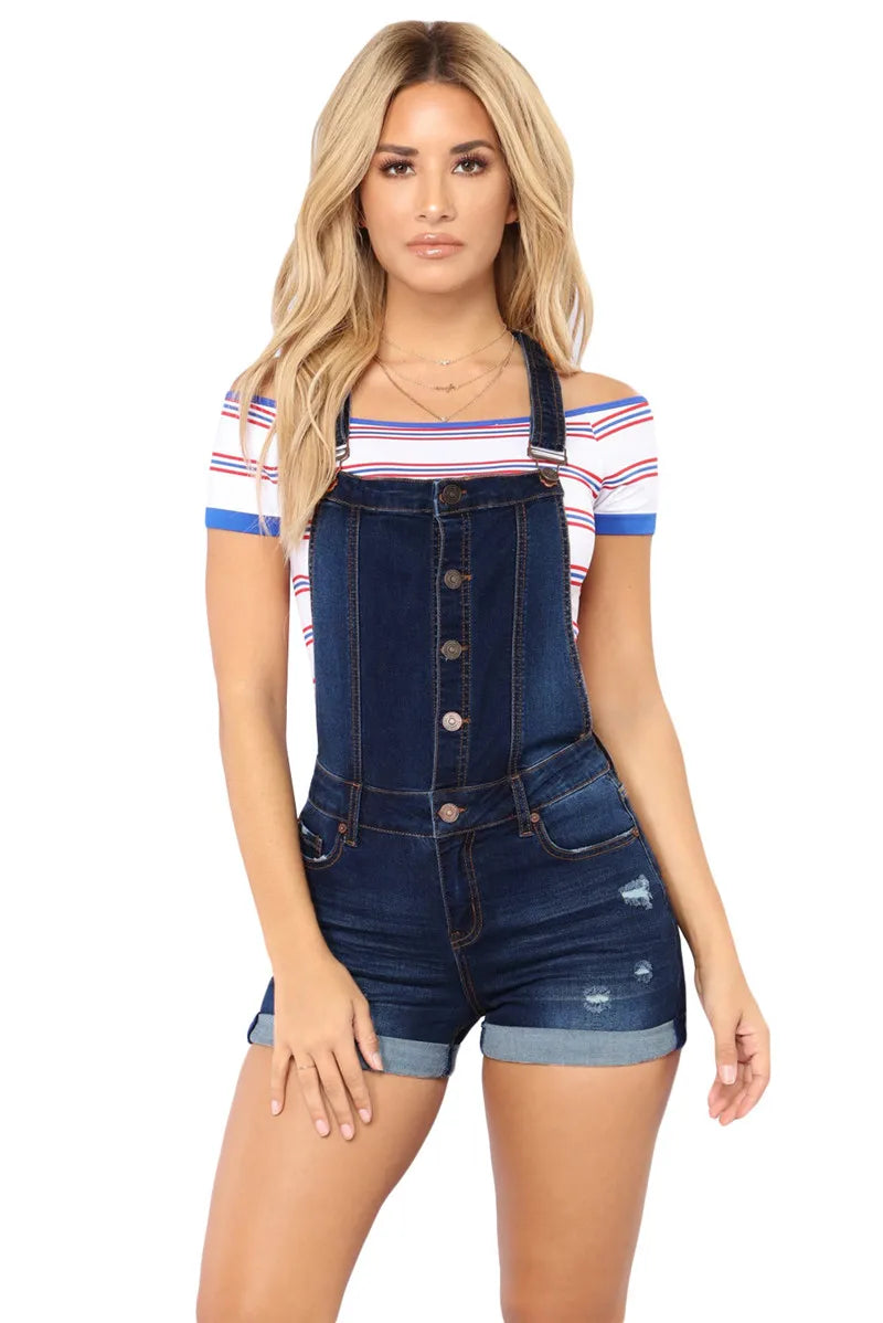 Short Denim Overalls Women Hole  Jumpsuit High Waist Casual Jeans