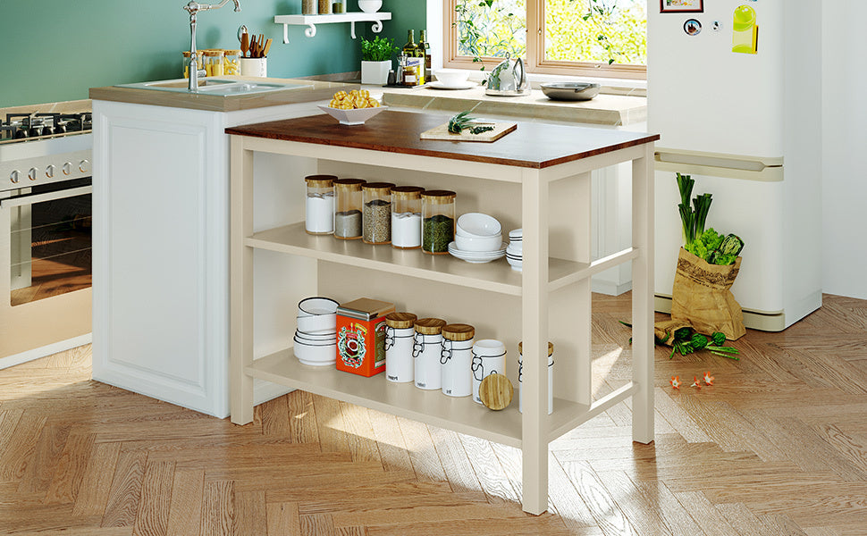 Solid Wood Rustic Kitchen Island, Rubber Wood Butcher Block Dining Table