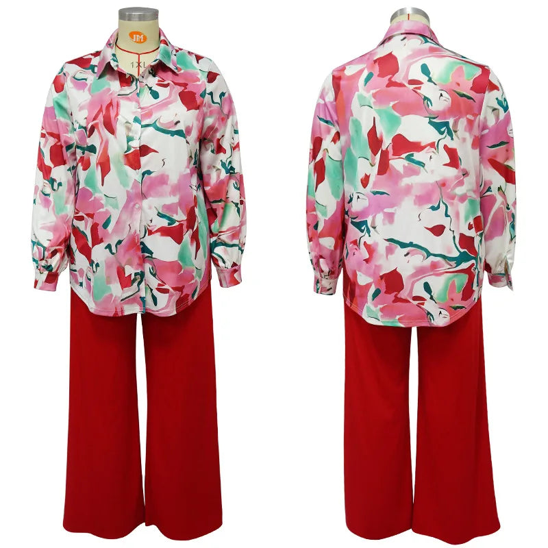 Plus Size Women's Clothing Loose Casual Printed Shirt Top Wide Leg Pants Set