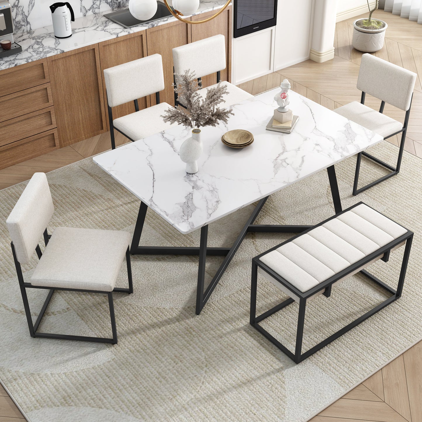 Modern Faux Marble 6-Piece Dining Table Set Dining Chairs and Bench