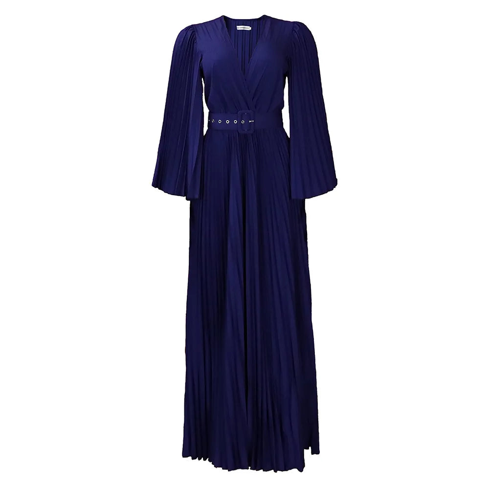 Women Chiffon Pleated Dress High Waist Floor Length Long Sleeve Deep v Dresses