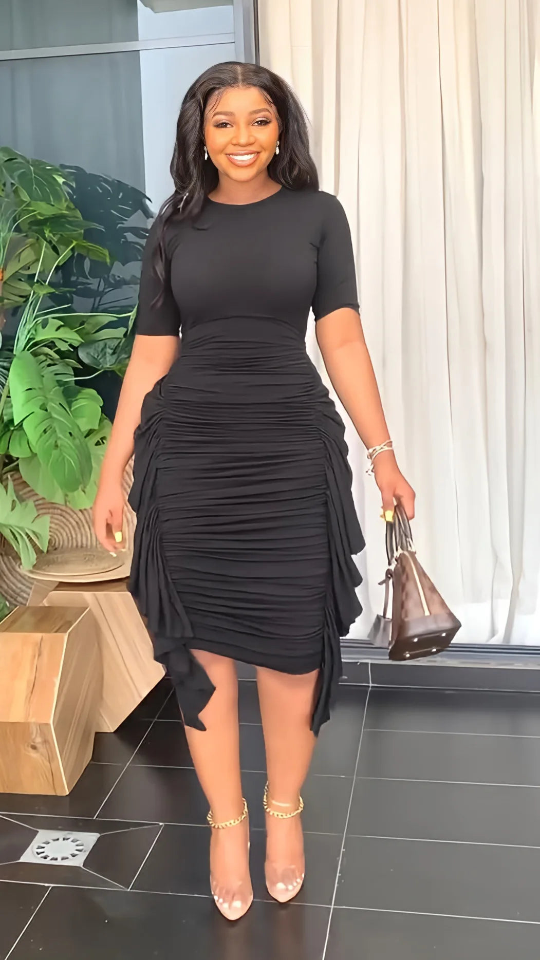 Summer Plus Size Elegant Plain Ruffle Bodycon Ruched Casual Dresses Women