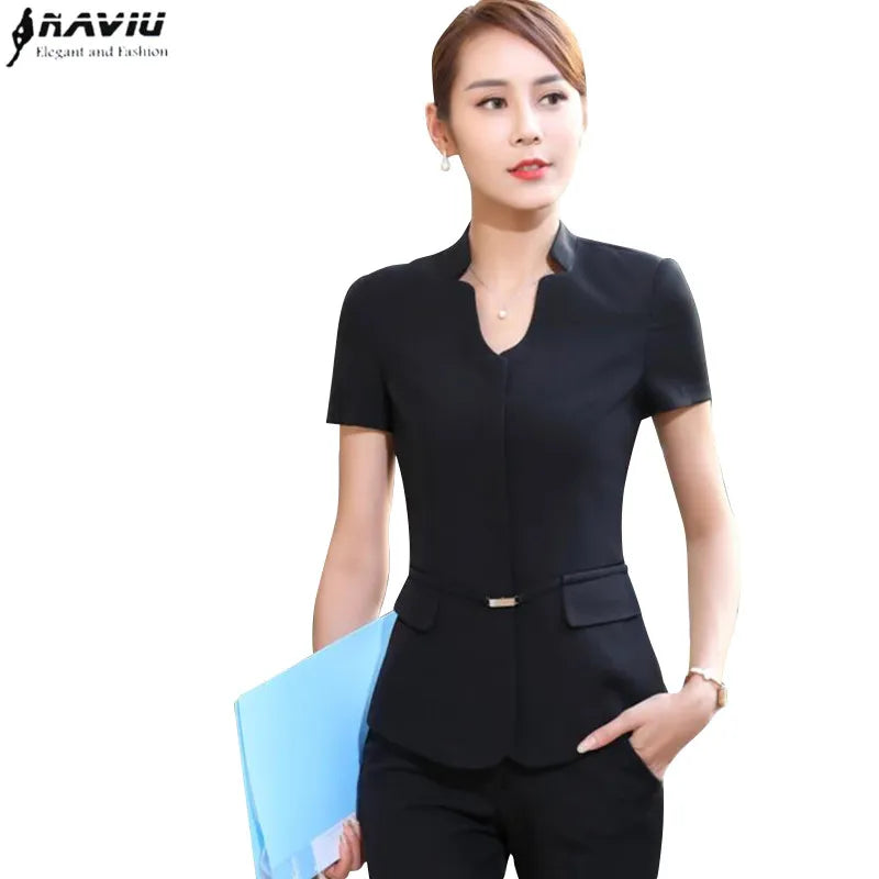 Short Sleeve v Neck Blazer and Trousers Office Ladies Work Wear Uniform