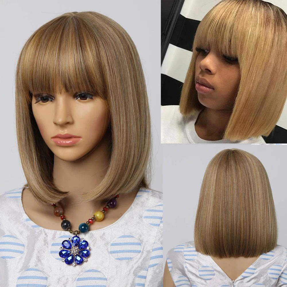 Straight Black Synthetic Wigs With Bangs Hair Bob Wig Heat Resistant