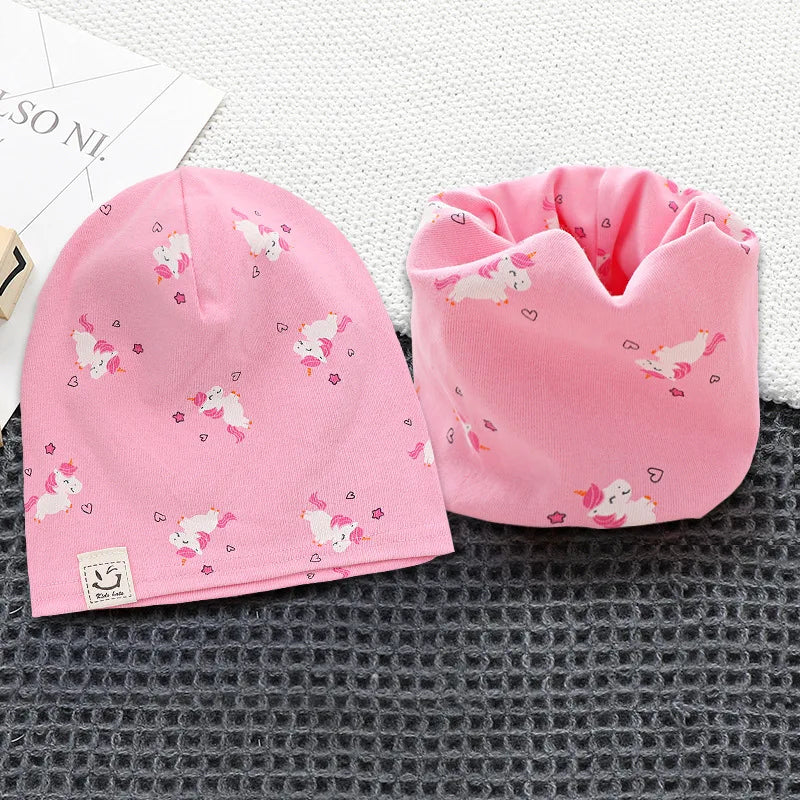 New Spring Autumn Girls Hat Scarf Set Cartoon Owl Star Swan Baby  Kids Hat Set