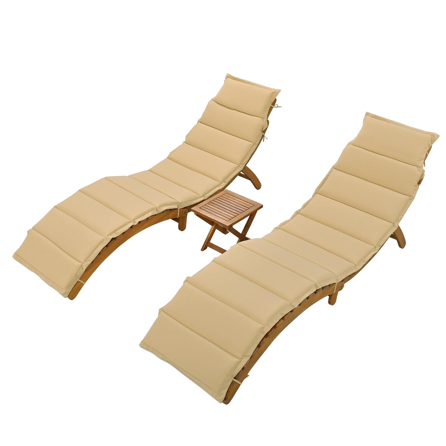 Outdoor Patio Wood Portable Extended Chaise Lounge Set With Foldable Tea Table