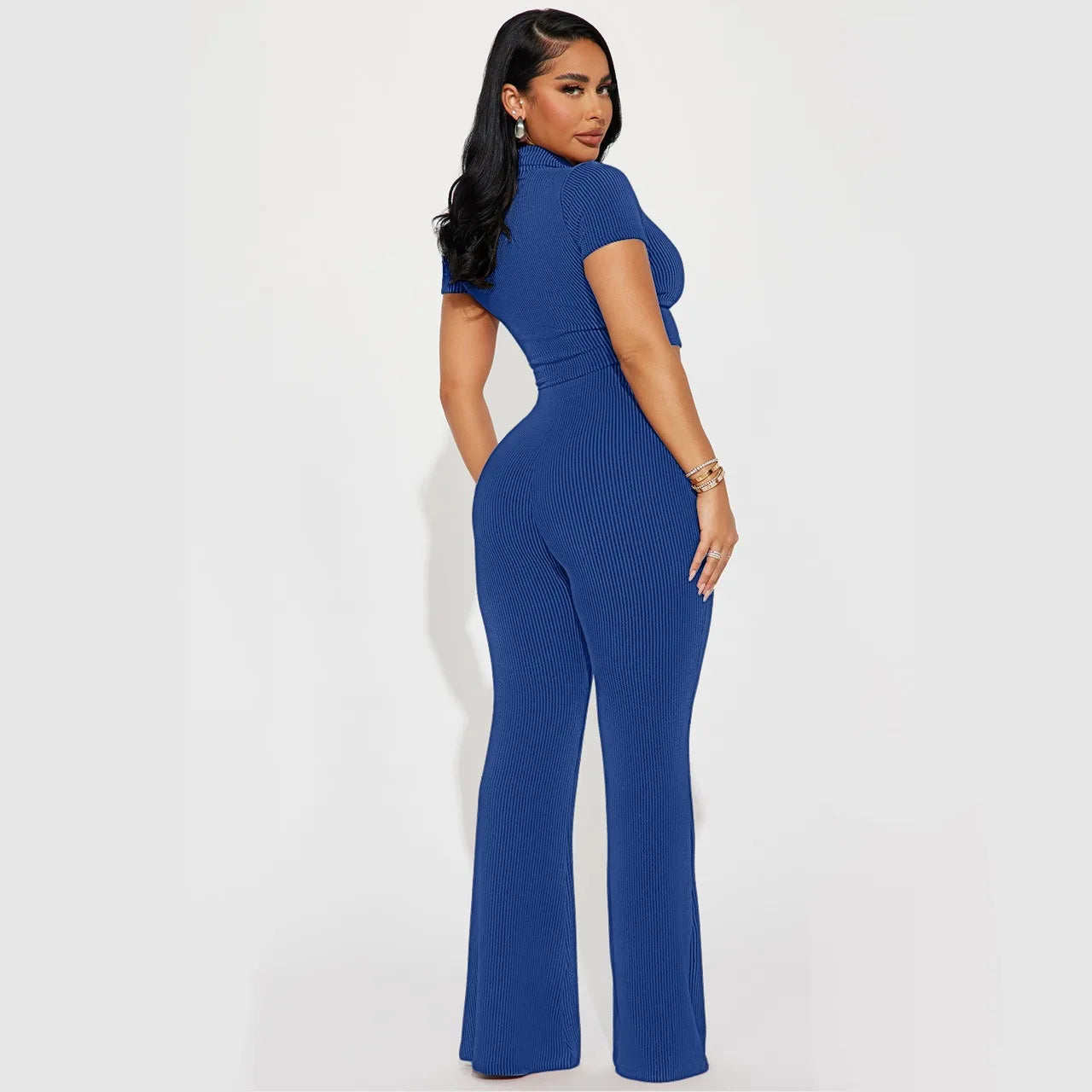 Summer Women's O Neck Short Sleeve Two Piece Sets Wide Leg Pant Suit