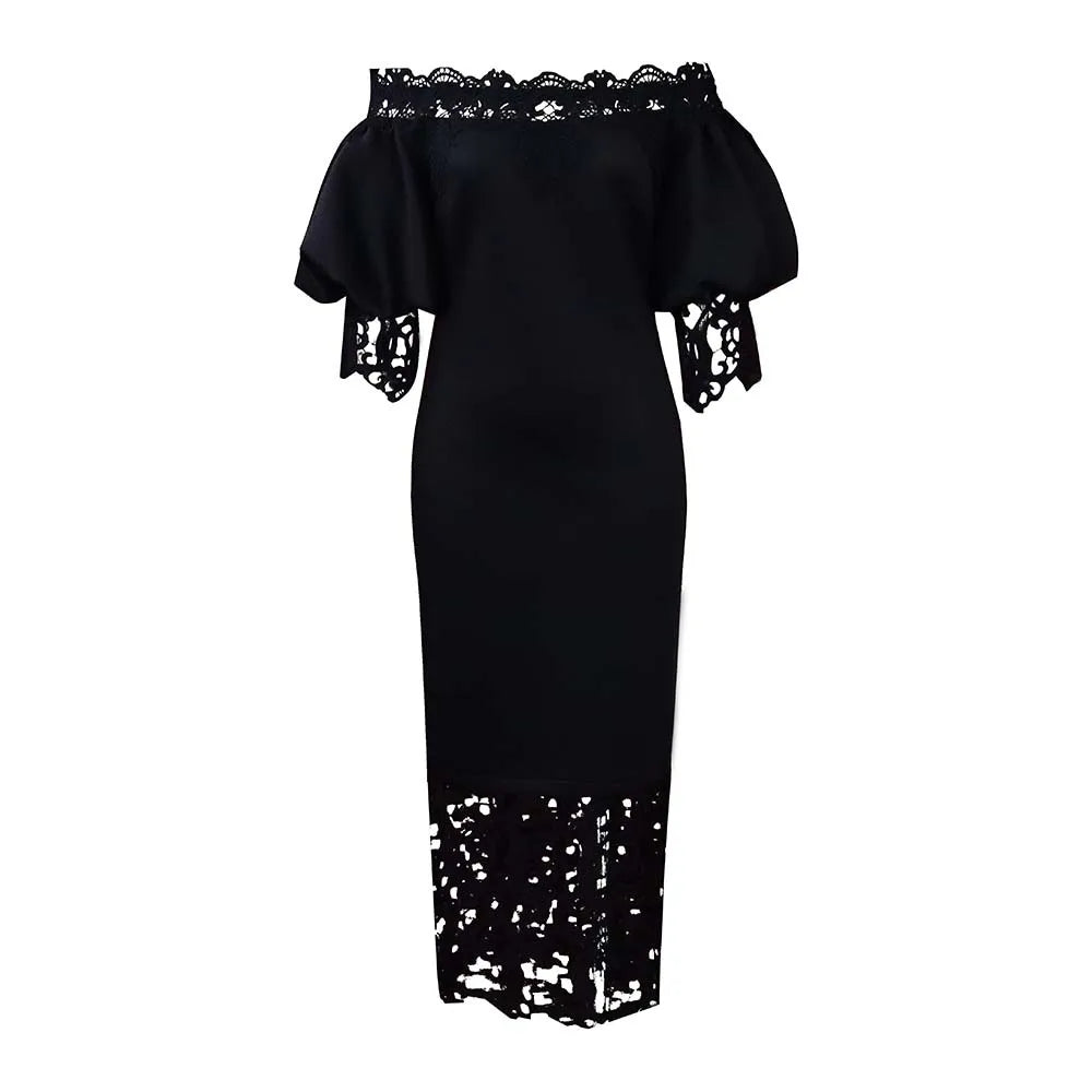 Plus Size Women'S Fashion Elegant Lace Splice One Line Neck Dress