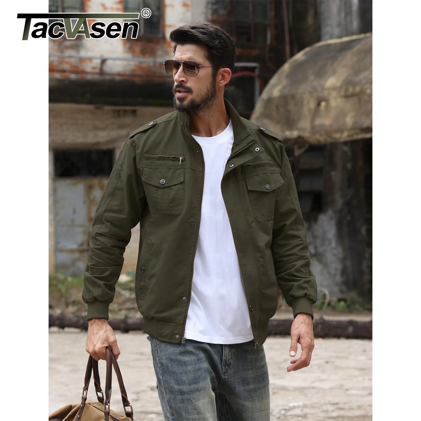 TACVASEN Pilot Bomber Jacket Coats Mens Cotton Cargo Jackets With Zipper Pockets