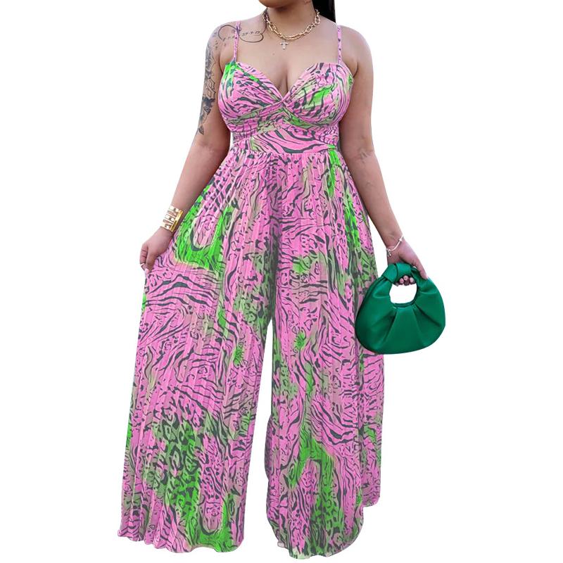 Women's Clothing Printed Drawstring Pleated Jumpsuit