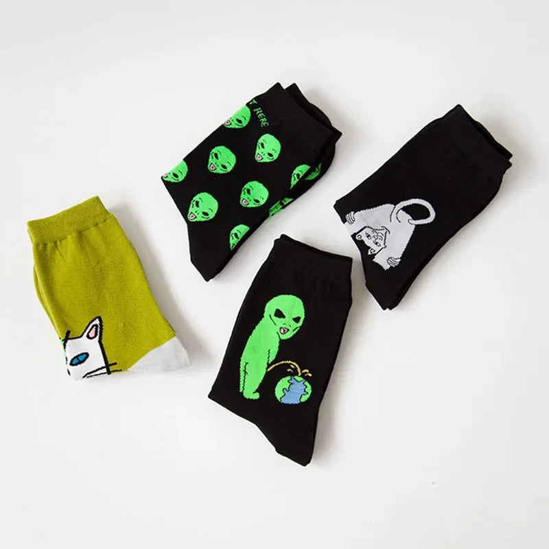 Women Art Funny Alien Planet Creative Funny Cartoon Cat Cotton Socks