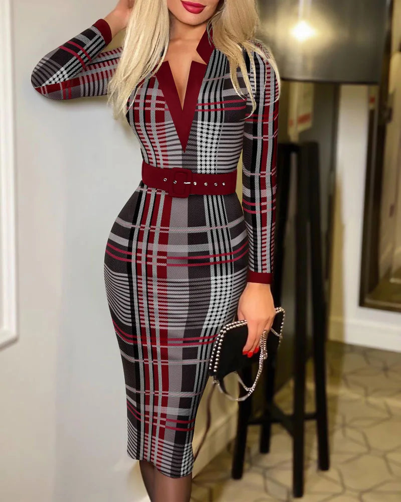 Women Lady Digital Print Plaid Long-Sleeved V-Neck High-Waist Dress