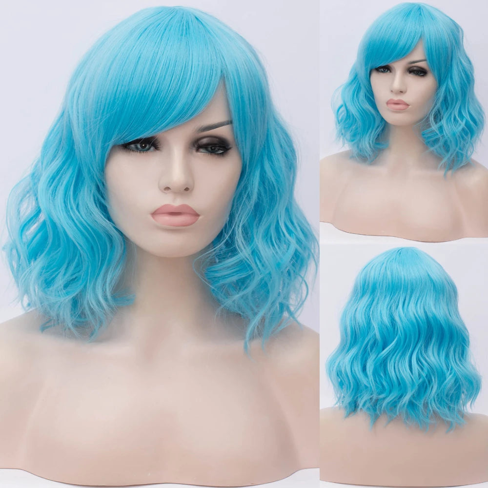 Short Cosplay Wave Wigs for Women with Side Bangs synthetic Hair Wig