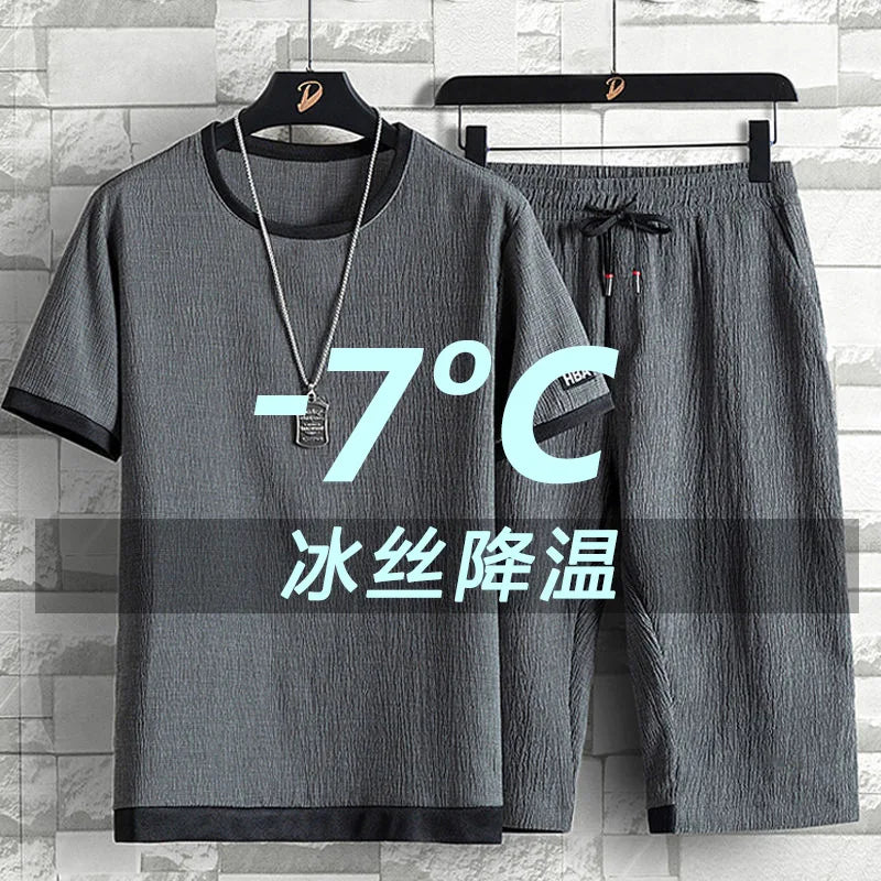 Two Pieces Sets Solid Color Elastic Short Sleeve Loose Men's Oversize Sets