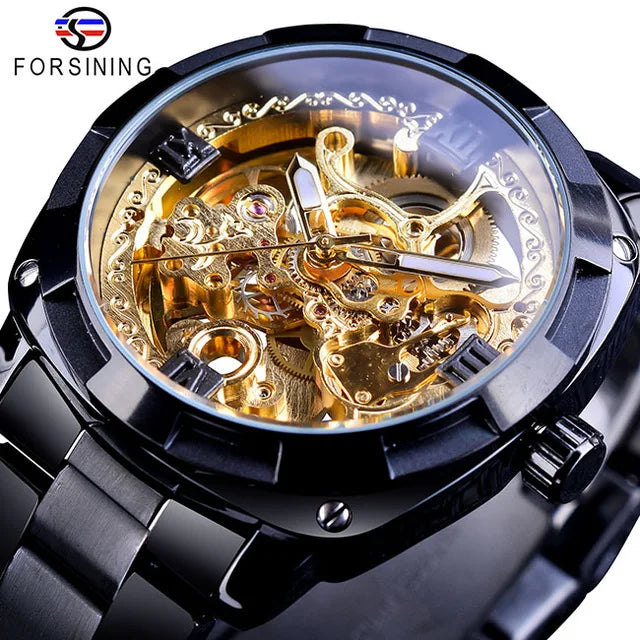 Transparent Men's Automatic Mechanical Full Golden Luminous Hands Skeleton Watch