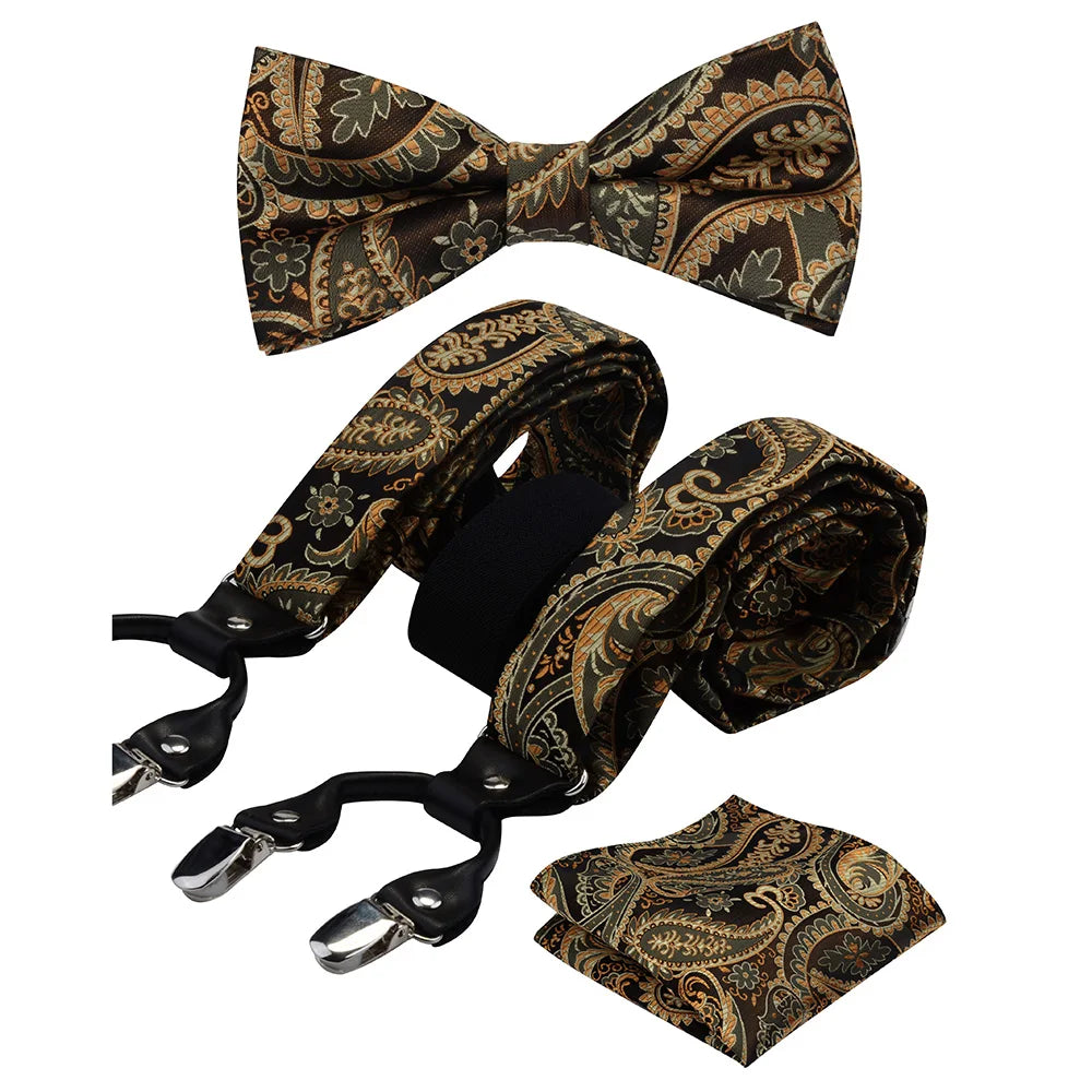 Y Shape Suspenders Bowtie and Pocket Square Set