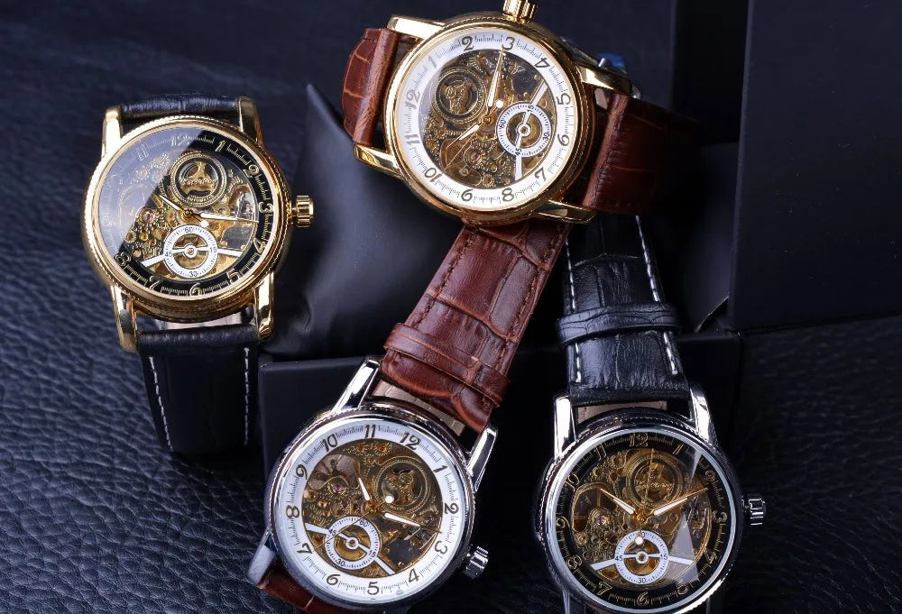 Skeleton Casual Black Golden Case Gear Bezel Watches Men Automatic Watches