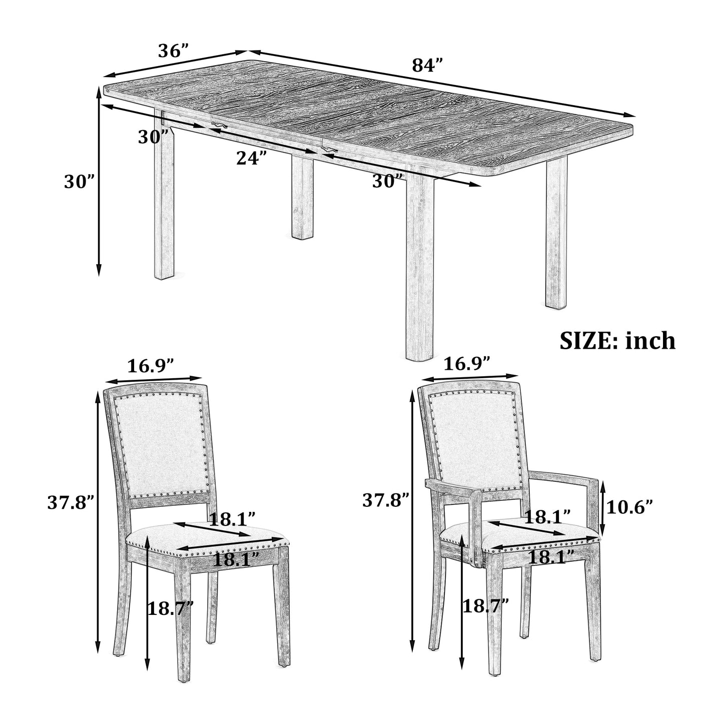 Rustic Extendable 84inch Dining Table Set With 24inch Removable Leaf