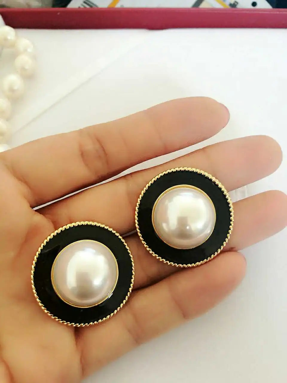 Round Pearl Black Enamel Cute Fashion Clip Earrings Statement Ear Jewelry