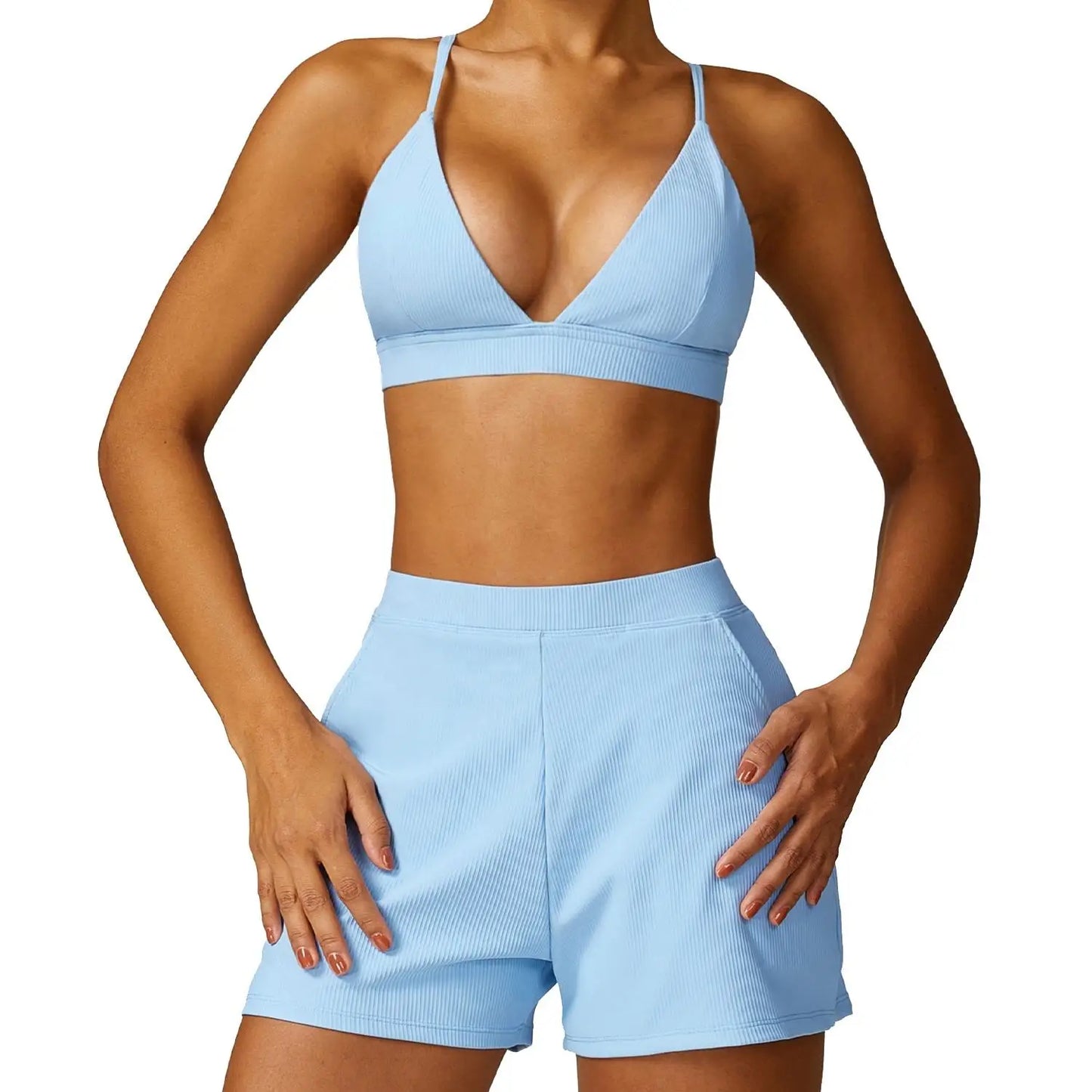 Women Stretchy Soft Comfort v Neck Ribbed Running Shorts and Bra Set