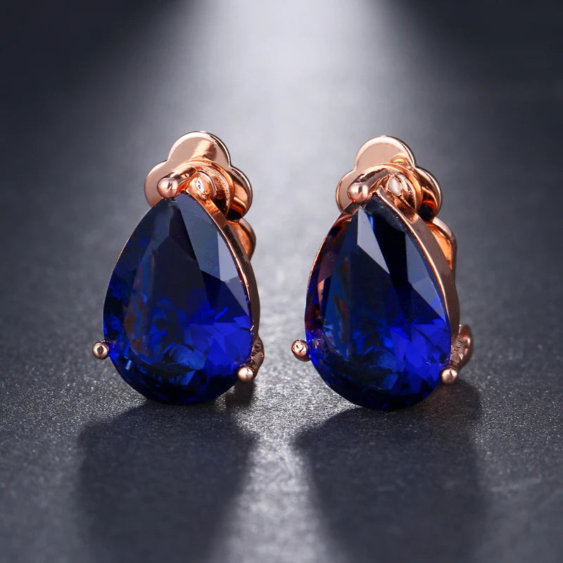 Water Drop Cubic Zirconia Clip  Elegant Blue Stone Earrings