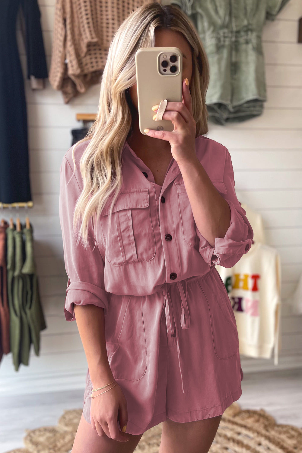 Reese Roll Up Sleeve Flap Pockets Drawstring Romper