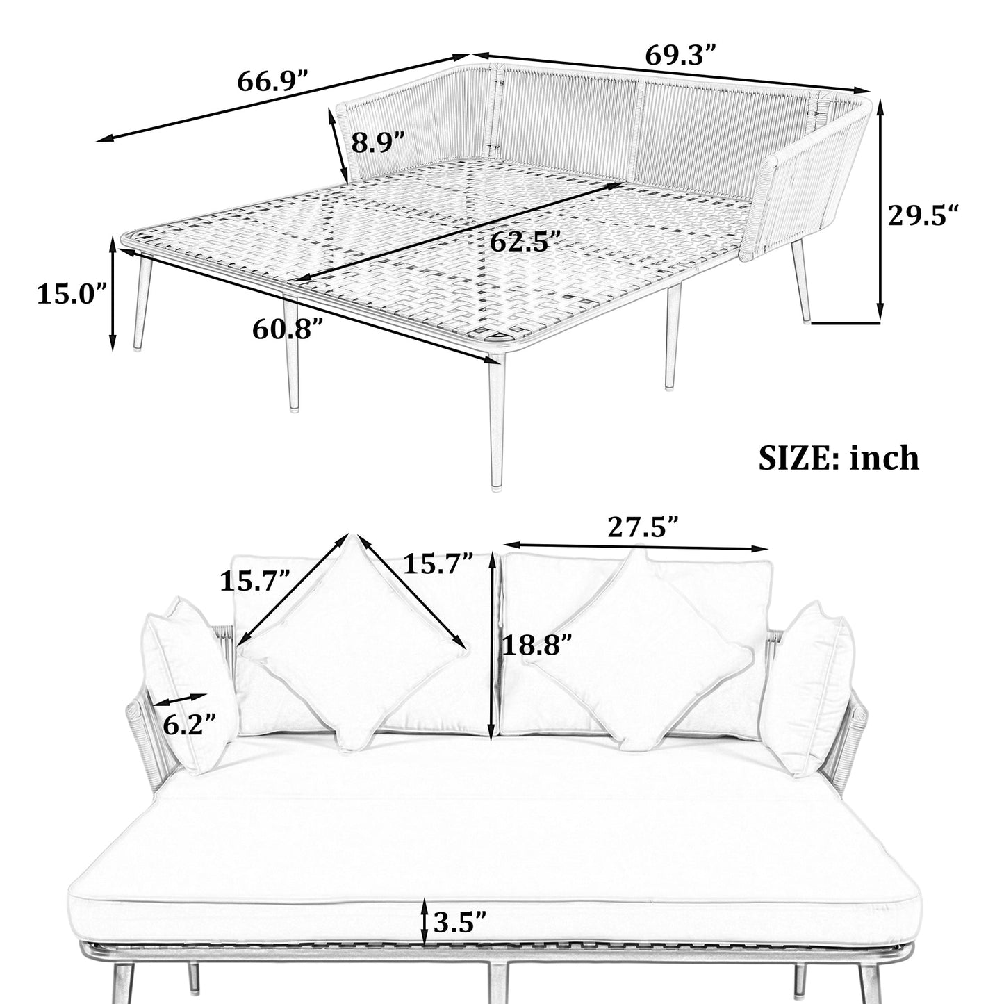 Outdoor Patio Daybed, Woven Nylon Rope Backrest With Washable Cushions