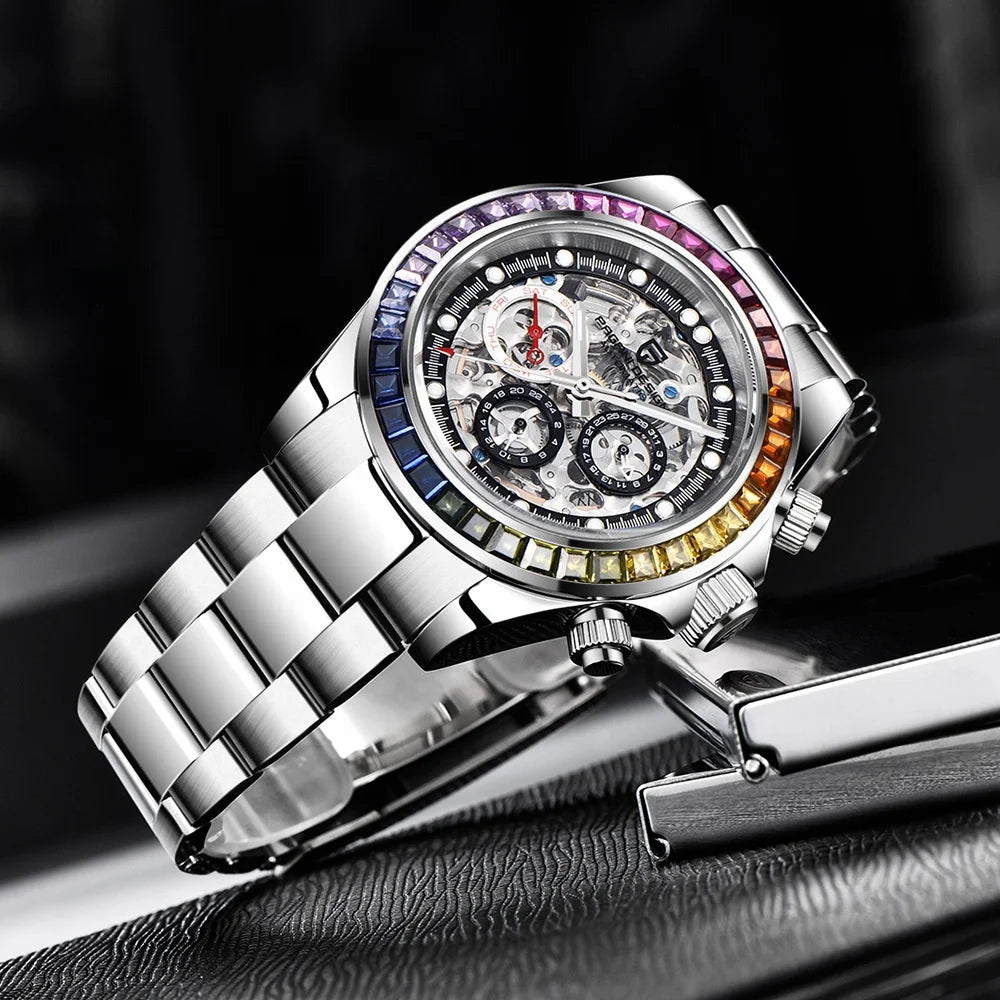 Stainless Steel Watch Rainbow Diamond Skeleton Watches Men Wrist