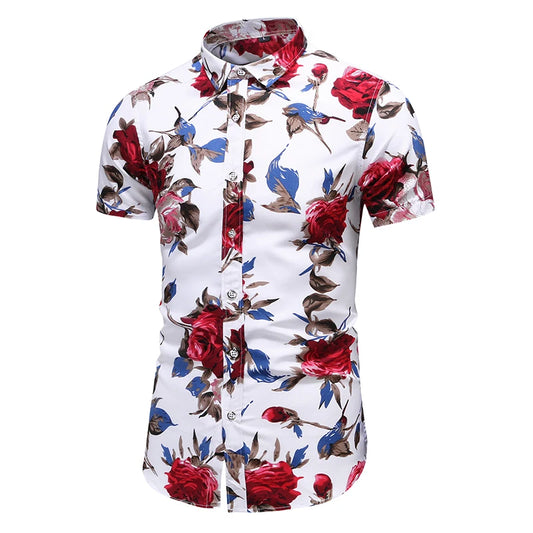 Summer Men Print Short Sleeve Hawaiian Shirt Casual Flower Slim Fit Beach Shirts