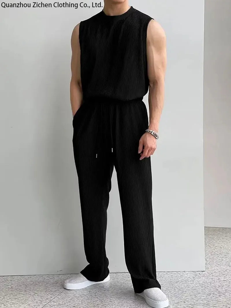 Thin Tracksuit Men Casual Long Pants SleevelessT-shirts Sets