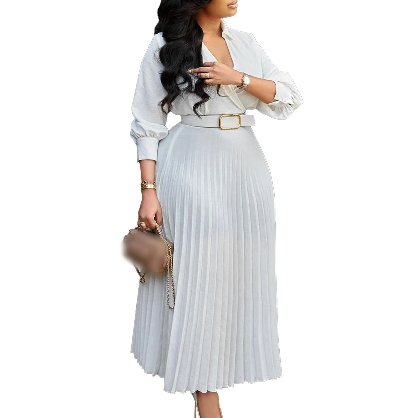 Spring Dresses Women Long Sleeve V-Neck Pleated Dress With Belt