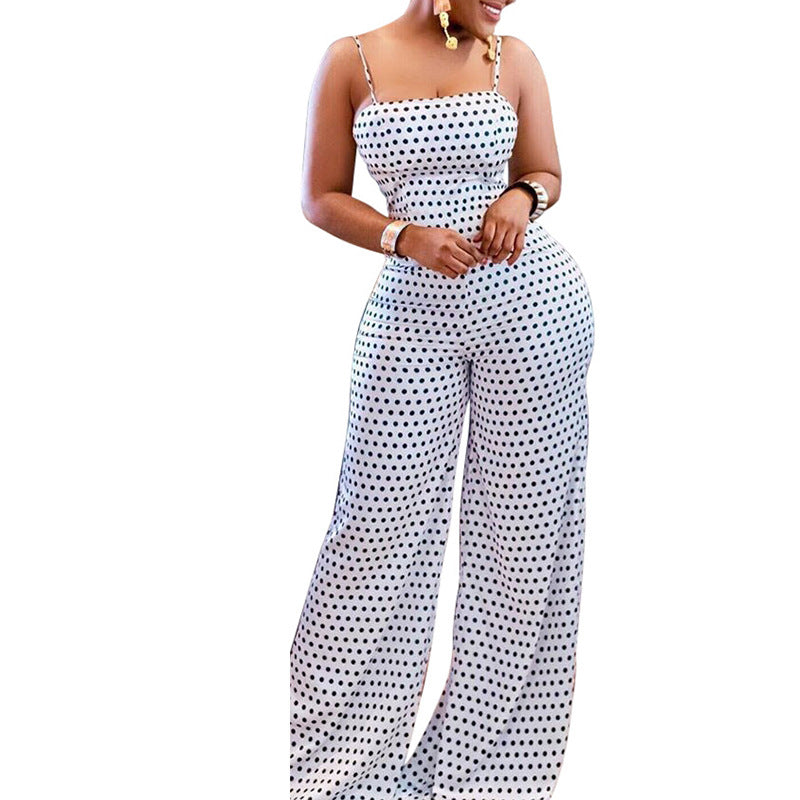 Summer Women's Fashion Spots Printed Sling Wide Leg Jumpsuitl Dresses