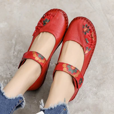 Spring Flower Design Round Toe Soft Bottom Flat Shoes Vintage Leather Flats