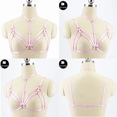 Original Design Pink Collar Bow Harness Bra Kawaii Open Chest Bondage Body Cage