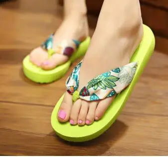 Silk Flower Print Casual Women Slippers Beach Platform Shoes Flip Flops