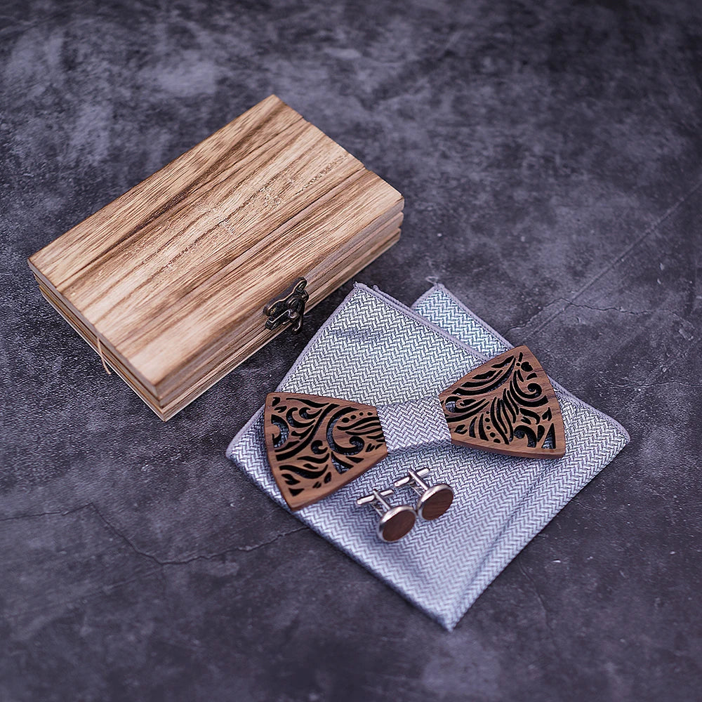 Wooden Bow Tie Set and Handkerchief Bowtie Necktie Cravate