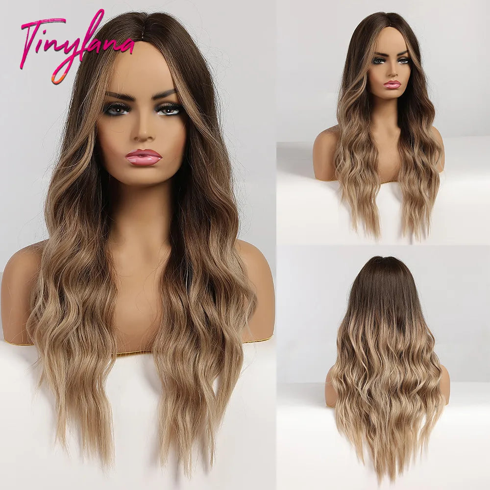 Synthentic Wavy Wigs Brown Blonde Middle Part Wigs With Bangs