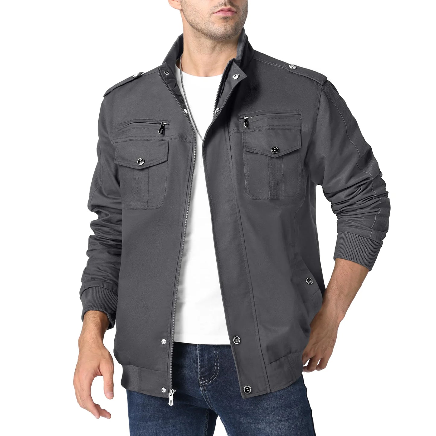 TACVASEN Pilot Bomber Jacket Coats Mens Cotton Cargo Jackets With Zipper Pockets