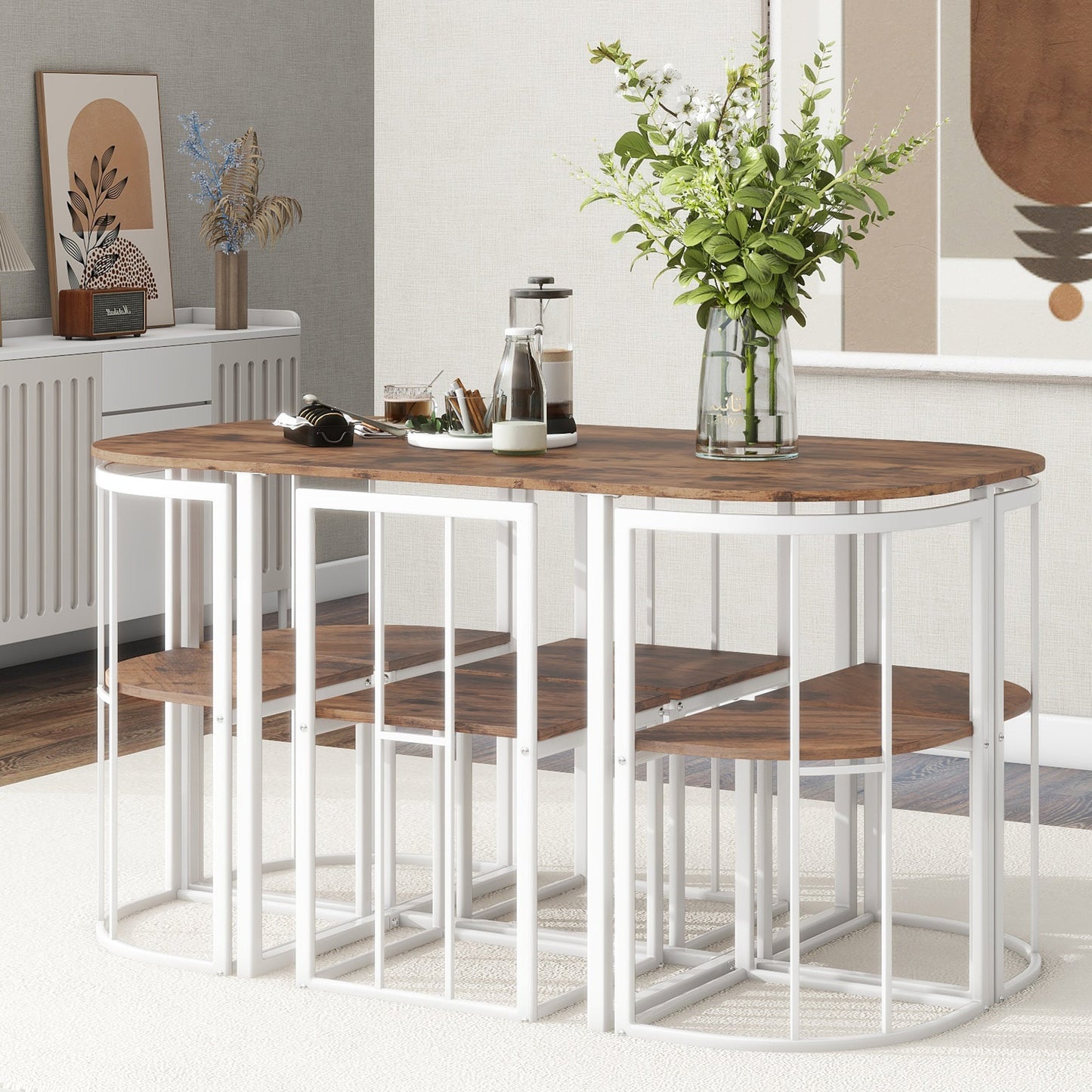 Modern 7-Piece Dining Table Set With Faux Marble Compact 55Inch