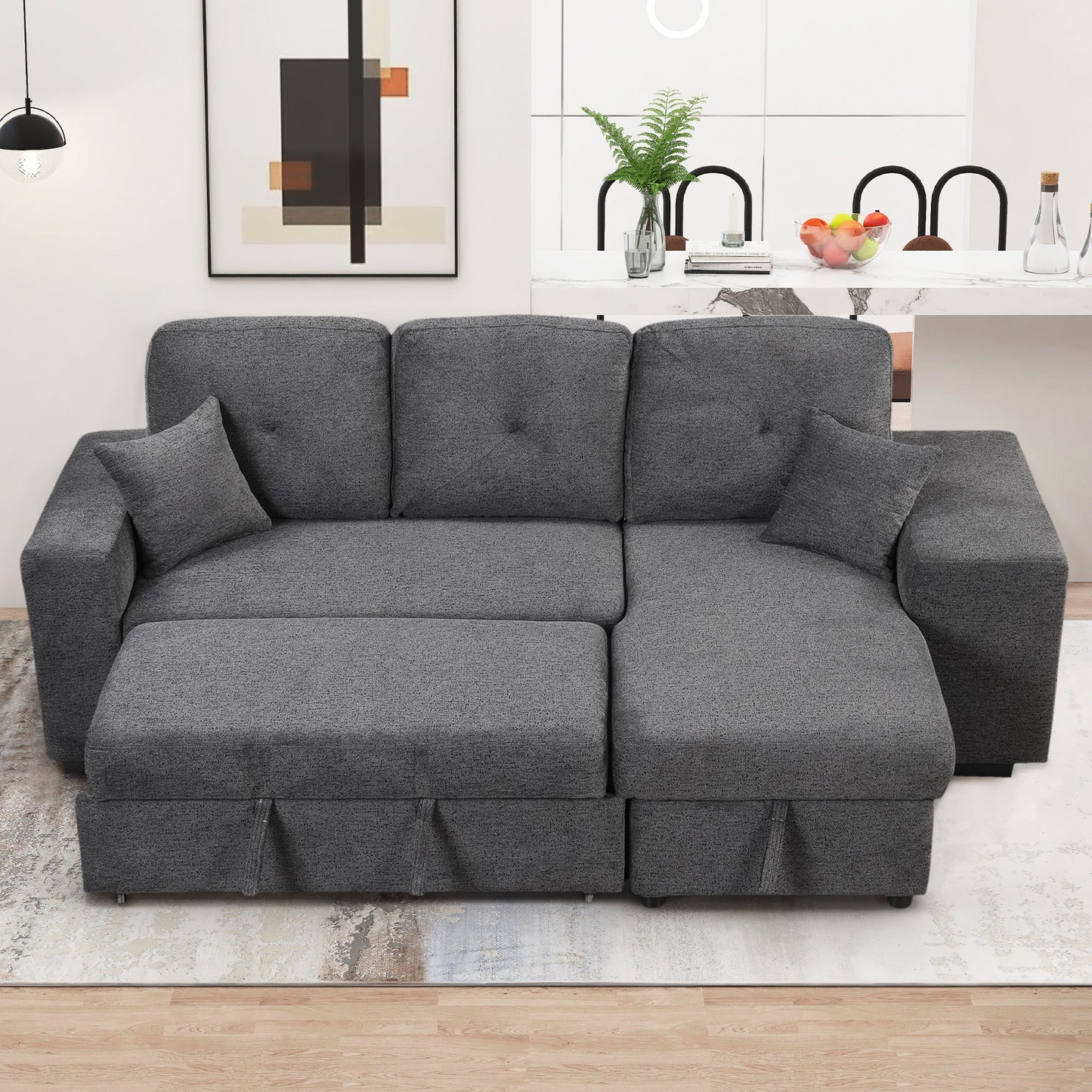 Reversible Sleeper Sectional Sofa Bed With Side Shelf and 2 Stools