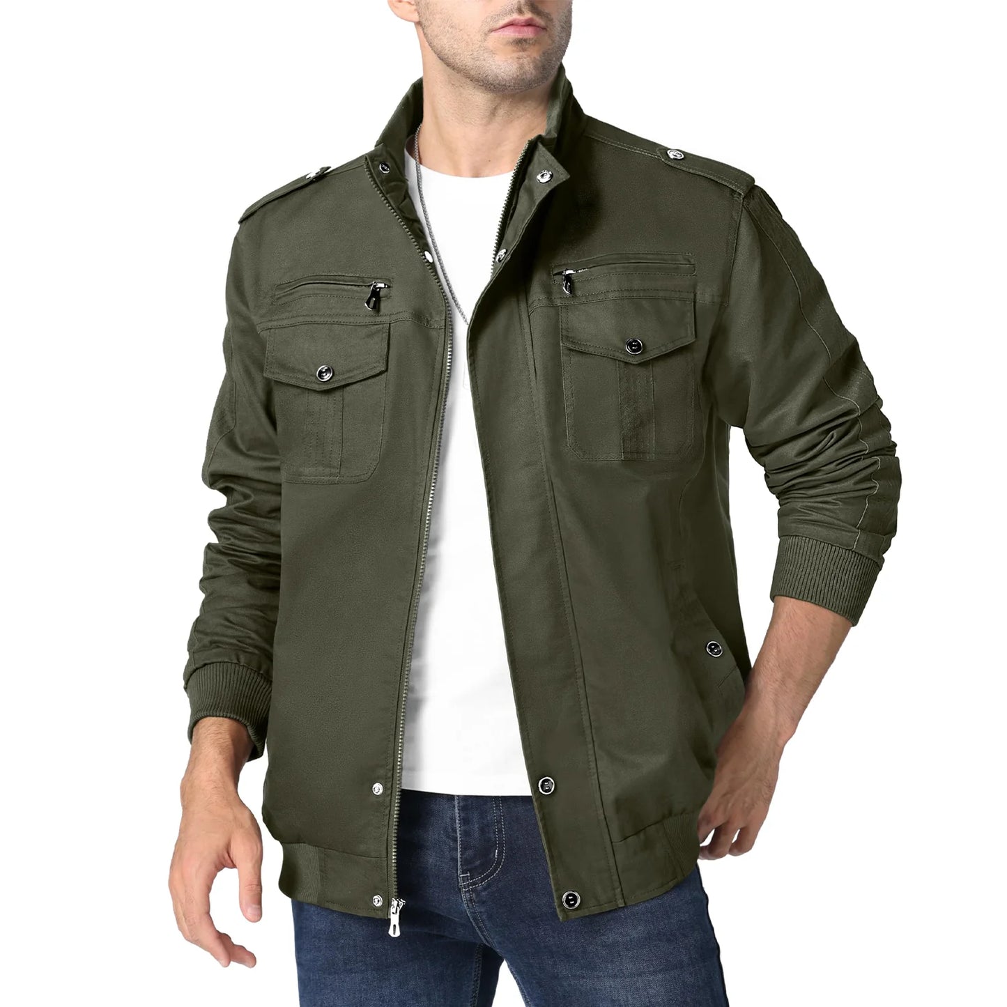 TACVASEN Pilot Bomber Jacket Coats Mens Cotton Cargo Jackets With Zipper Pockets