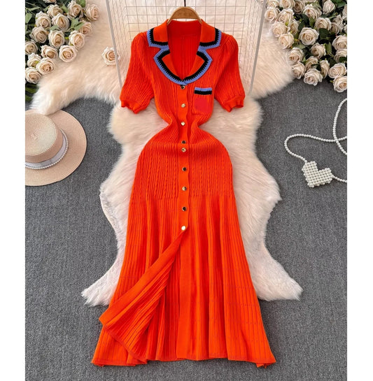 Women's Polo Neck Short Sleeve Long Clashing Colour Sweater Knit Casual Dresses