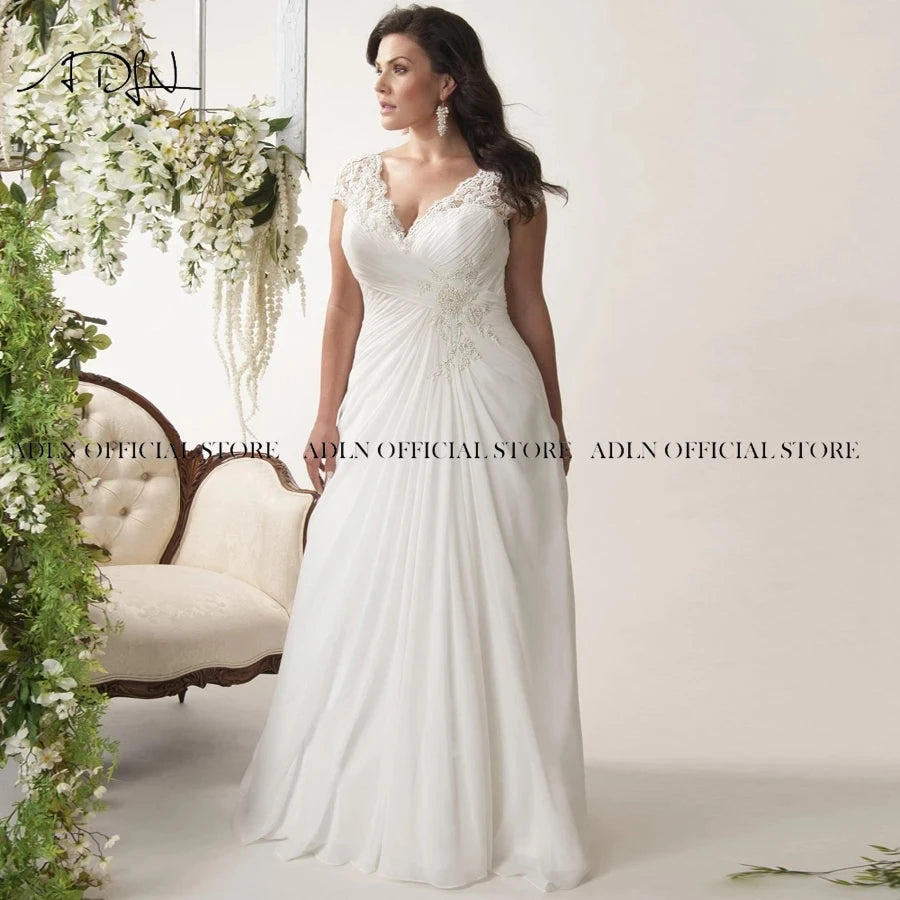 V-Neck Cap Sleeves Robe De Mariage Sweep Train Appliqued Open Back Bridal Gown