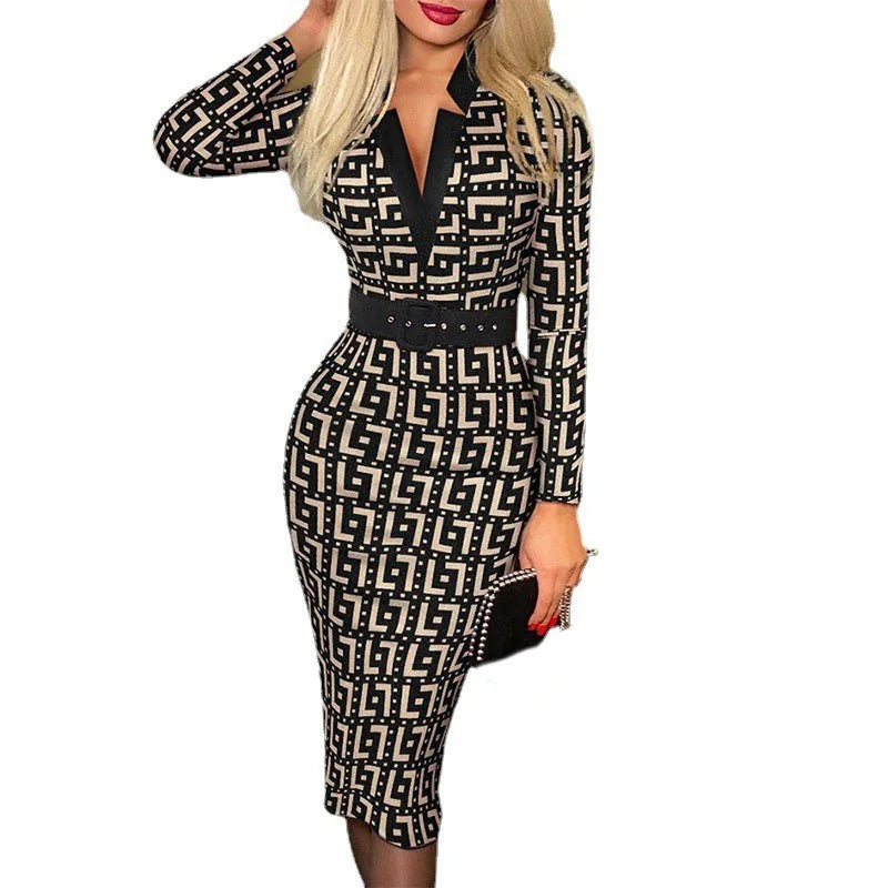 Women Lady Digital Print Plaid Long-Sleeved V-Neck High-Waist Dress